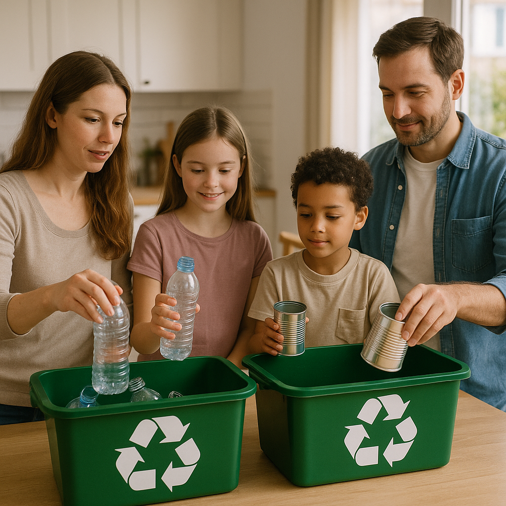 Family Recycling in the Kitchen Family sorting plastic bottles and tin cans into labeled recycling bins in a bright and tidy kitchen