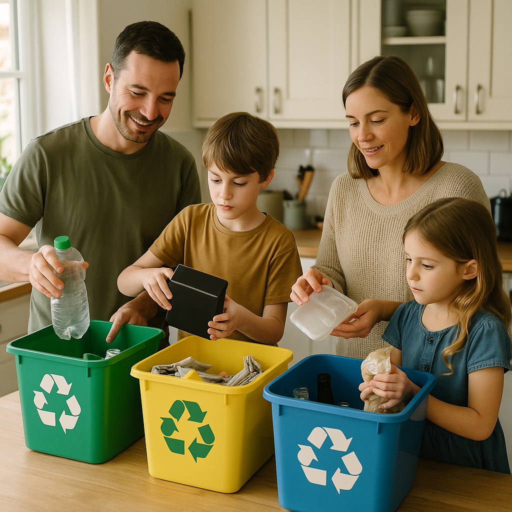 A family sorting household trash into separate bins in a bright kitchen
