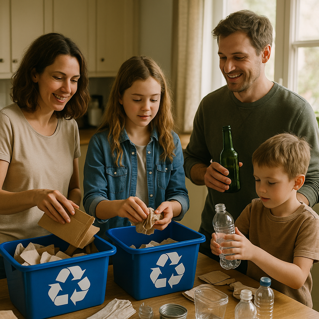 Family Sorting Trash and Recyclables at Kitchen Counter A family sorting trash and recyclables at a kitchen counter, with blue recycling bins and visible paper, plastic, and glass items in good natural lighting.