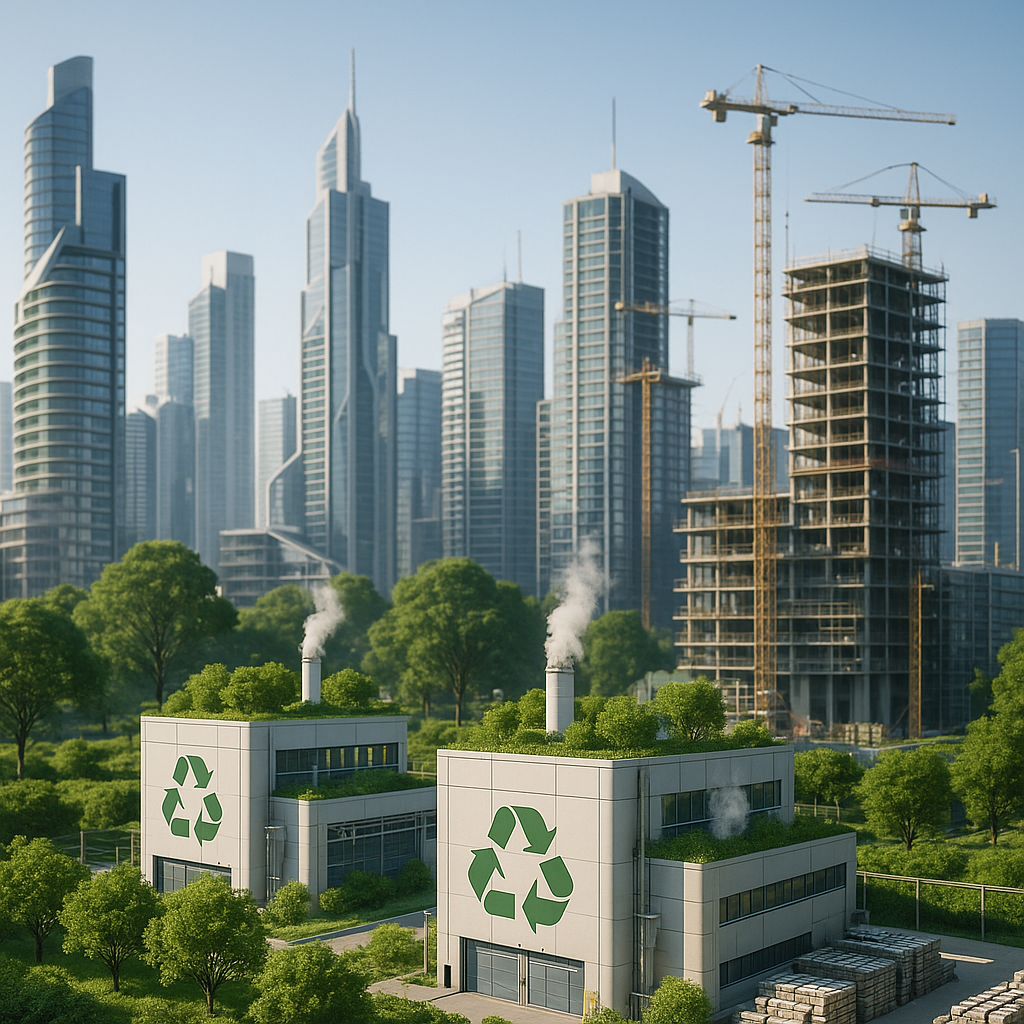 Futuristic city skyline featuring green spaces and clean recycling plants under a clear blue sky with modern architecture and ongoing sustainable construction.
