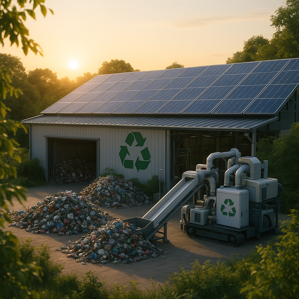 Futuristic Recycling Plant with Solar Panels A futuristic recycling plant featuring solar panels and clean machinery, surrounded by greenery, with a sunrise in the background, symbolizing sustainability and progress.