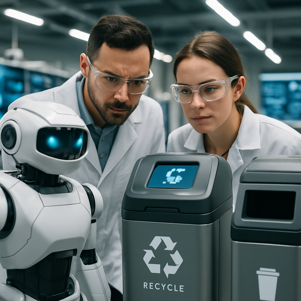 Inspection of Futuristic Waste Processing Technology Engineers inspecting futuristic waste processing robots and smart recycling bins in a clean, high-tech facility