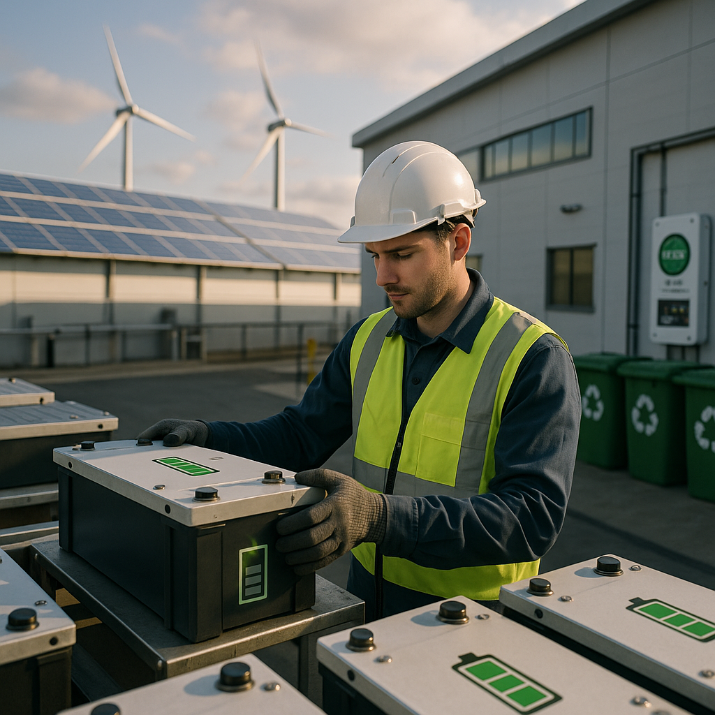 Futuristic Recycling Plant with Clean Energy Features Futuristic recycling plant powered by clean energy features with solar panels and wind turbines under a bright hopeful sky.