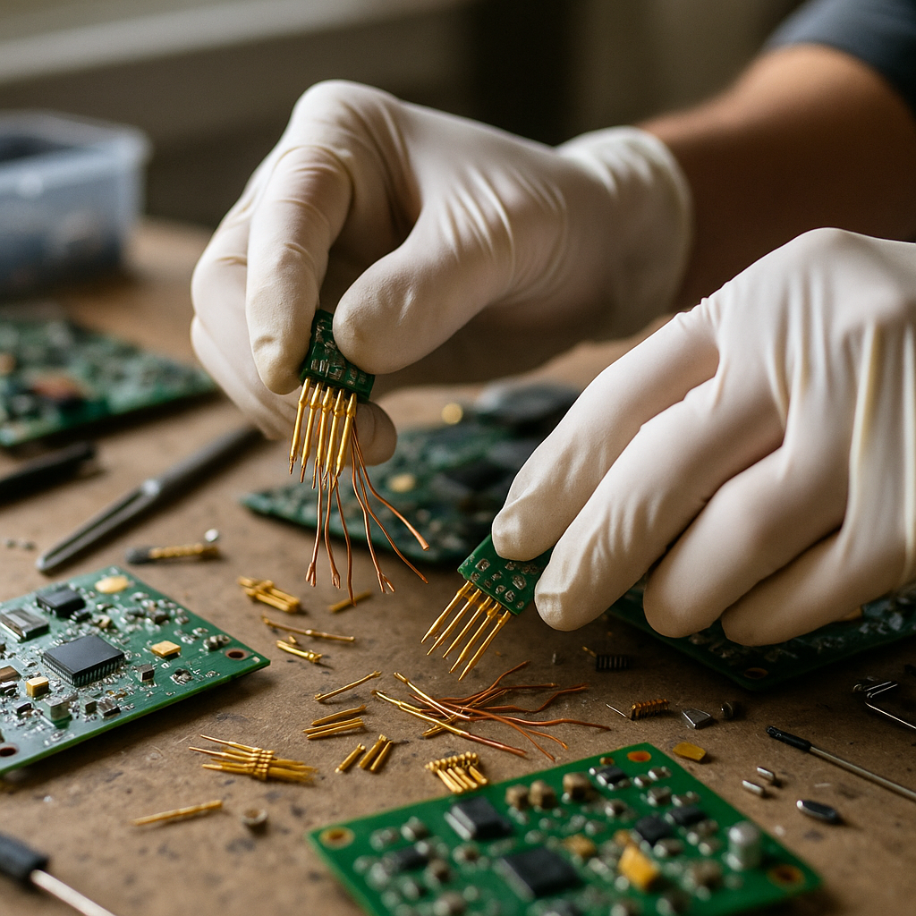 Close-up of gloved hands extracting gold-plated electronic connectors and copper wires from dismantled circuit boards on a workbench.