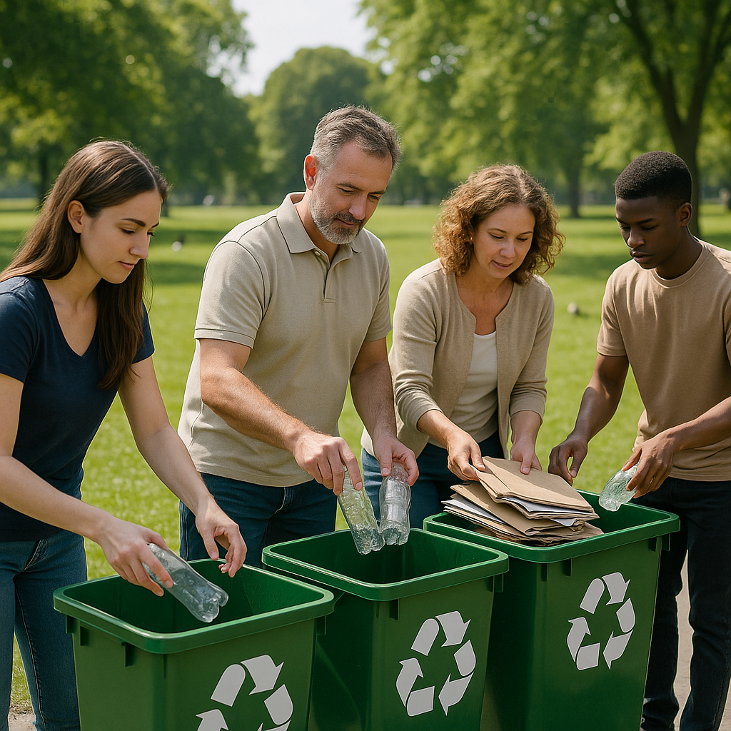 A green park with recycling bins, people sorting bottles and paper, clean landscape under sunshine with birds in the background.