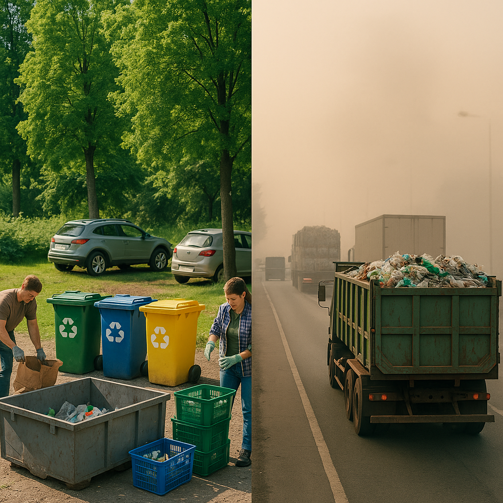 Contrast Between Clean Environment and Pollution A split image depicting green trees and clean air alongside on-site recycling activities, contrasted with a smoggy sky and large trucks transporting recyclables.