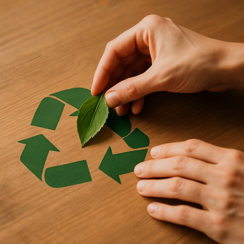 Hands and Leaf on Recycling Symbol Close-up of hands placing a green leaf onto a recycling symbol with soft lighting.