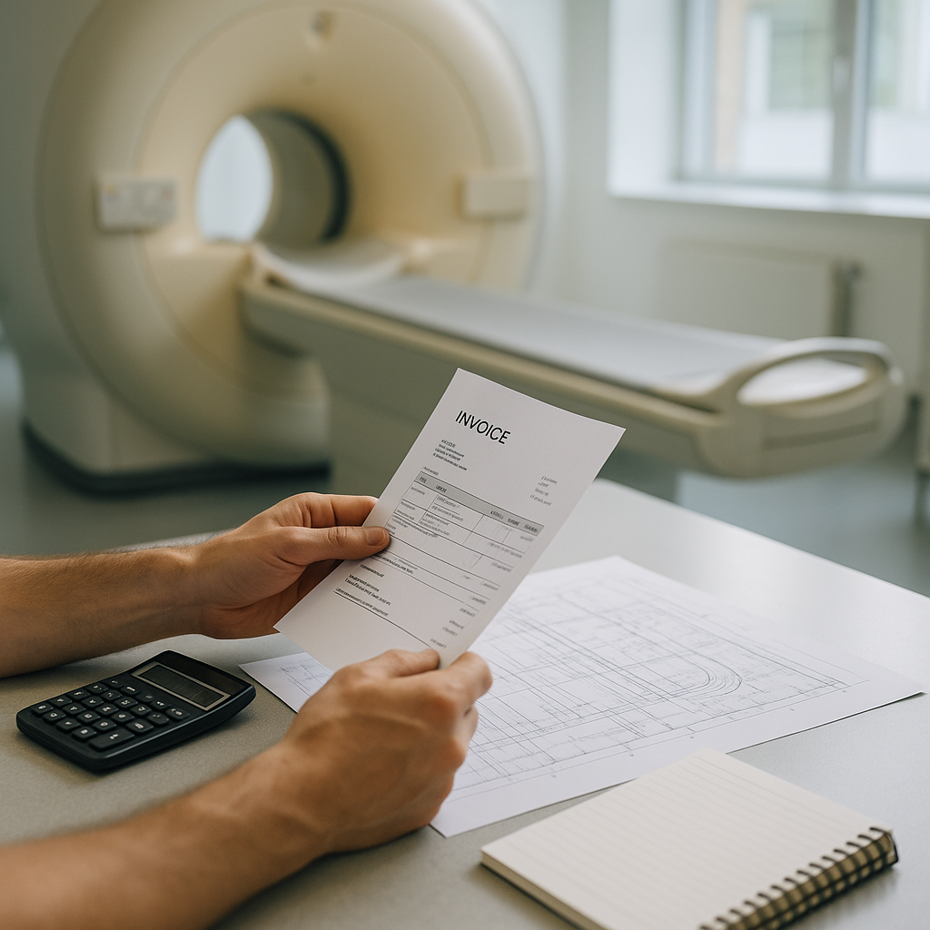 Close-up of hands reviewing invoices and blueprints next to MRI machine, calculator, and notepad on a table in a bright clinical setting.