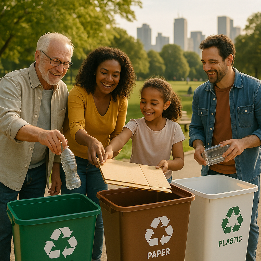 Happy multigenerational family placing recyclables into bins with a city skyline and lush green park in the background under sunlight.