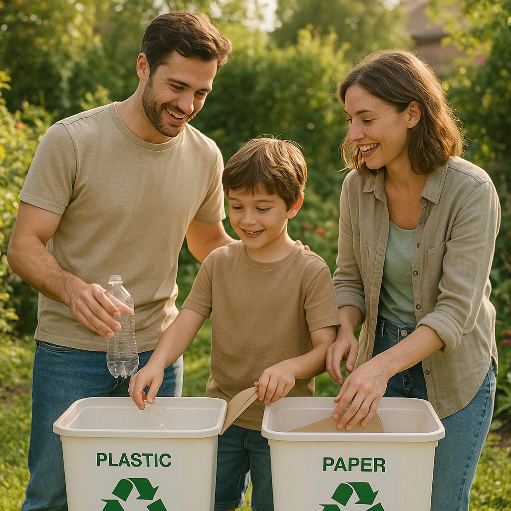 Happy Family Recycling Outdoors Happy family outdoors placing recyclables in bins in a garden with lush greenery under warm sunlight, symbolizing an eco-friendly lifestyle.
