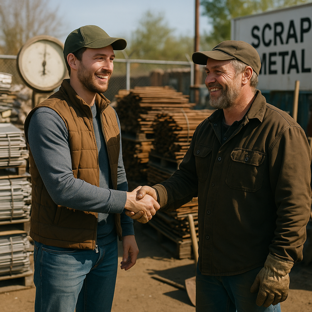 Seller and Scrapyard Manager Handshake Happy seller shaking hands with scrapyard manager beside organized metal on a clear day