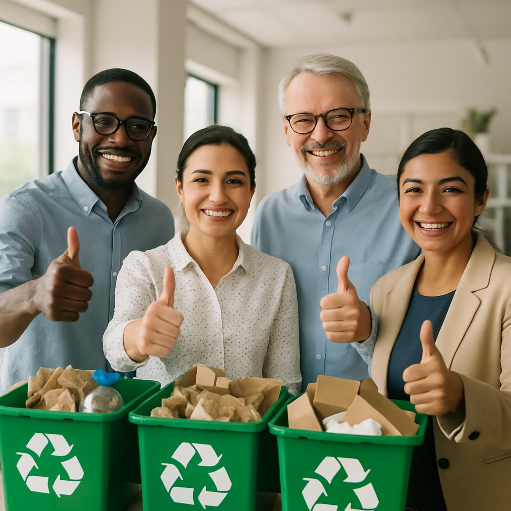 Team Accomplishment in Recycling Happy team posing beside full recycling bins with thumbs up in a professional office, bright lighting.