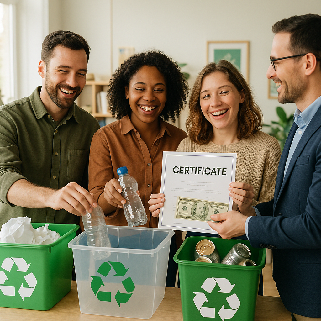 Happy team in office placing recyclables into bins and receiving a certificate and monetary reward in a bright workplace setting
