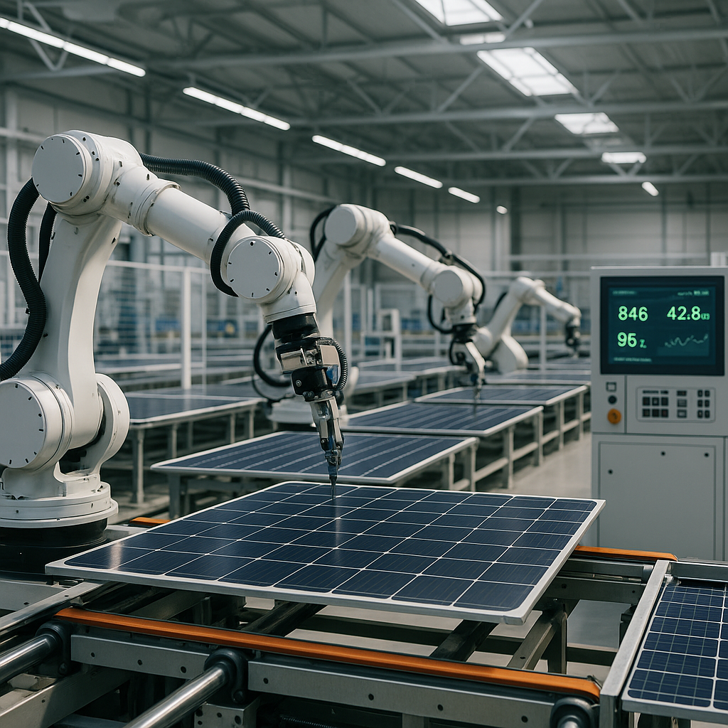 Futuristic Recycling Facility with Robotic Arms Innovative high-tech recycling facility with robotic arms processing solar panels in a bright and organized futuristic atmosphere.