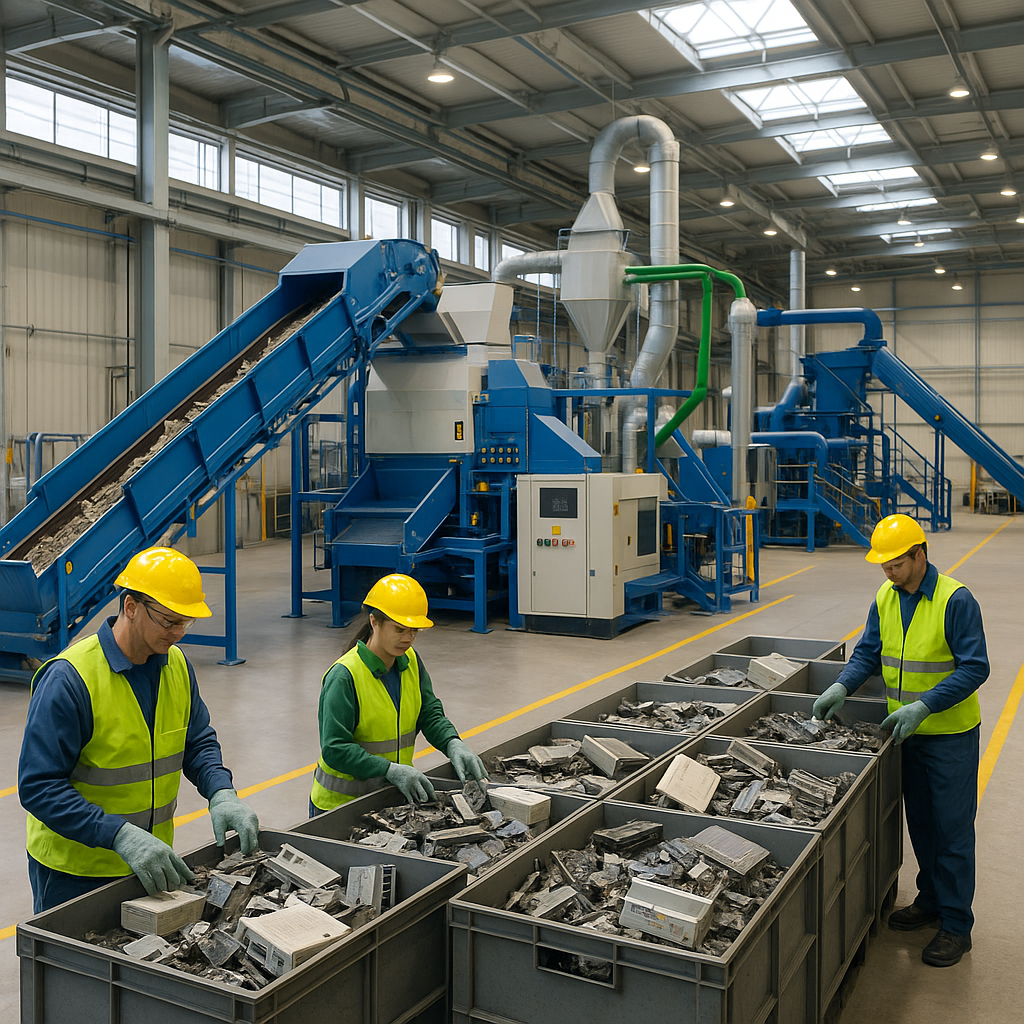 High-Tech Recycling Plant Optimistic scene of a clean high-tech recycling plant with organized electronic waste and efficient recovery machinery under bright lighting.