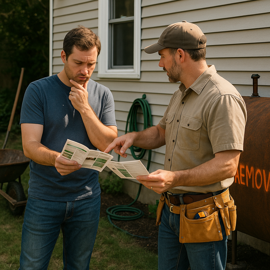 Thoughtful homeowner consulting with contractor outdoors next to house, with an old oil tank marked for removal, both reviewing pamphlets and pointing at the tank.