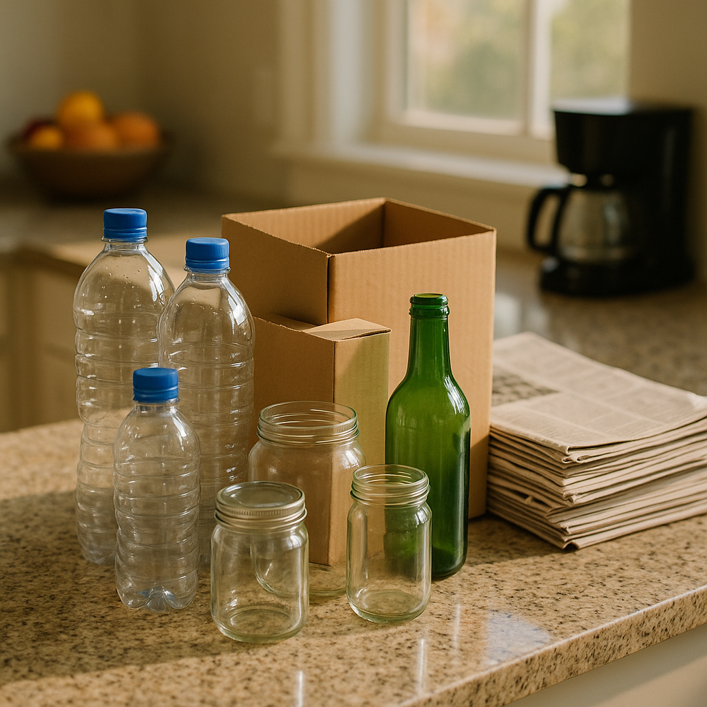 Household Recyclables on Kitchen Counter Collection of household recyclables including plastic bottles, cardboard boxes, glass jars, and newspapers on a kitchen counter.