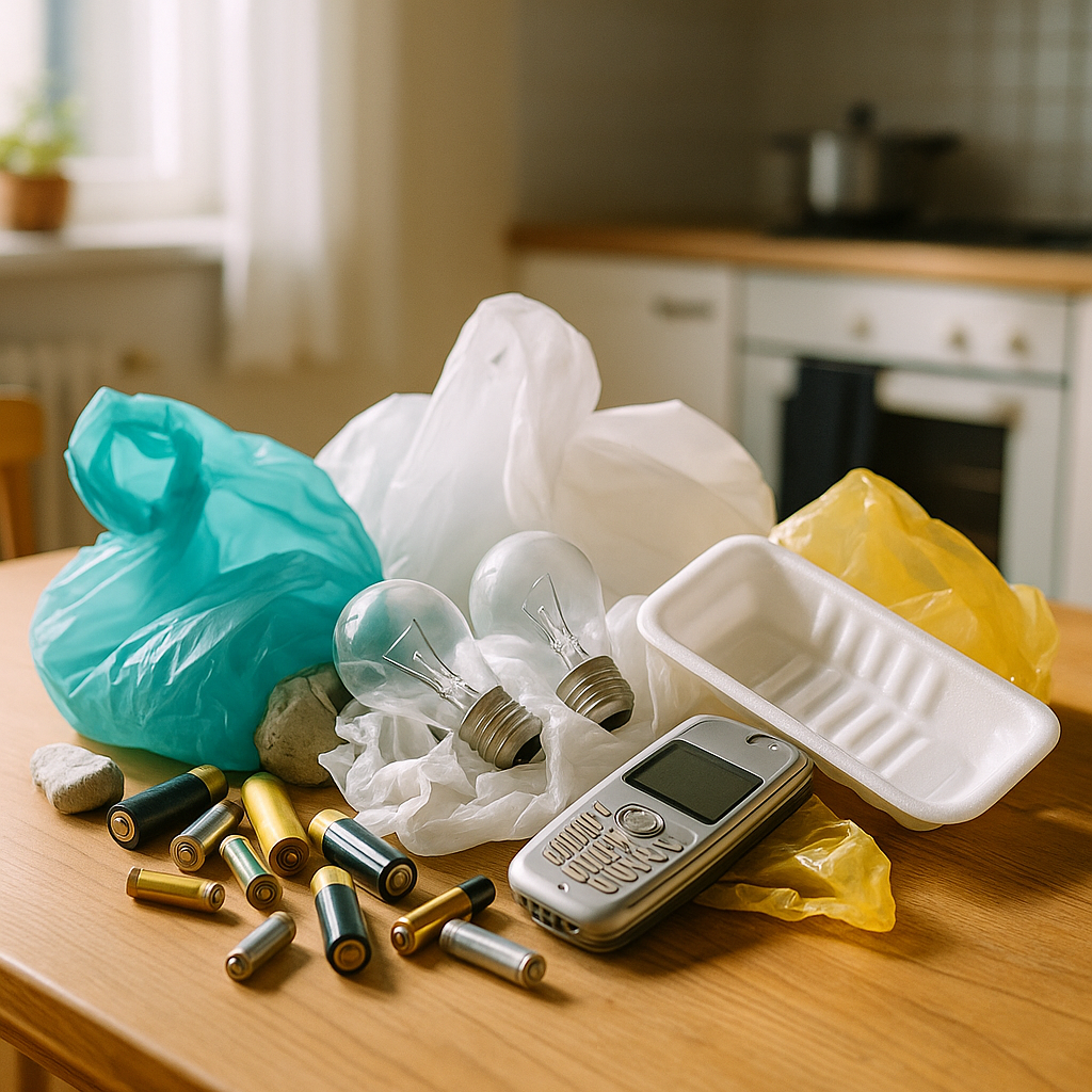 Household Waste Assortment Assortment of household waste including batteries, plastic bags, old electronics, light bulbs, and foam packaging piled together on a table
