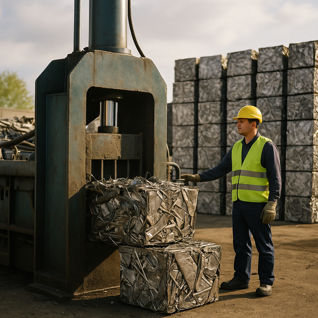 Large hydraulic baling press compressing loose scrap metal into compact cubes, with clean stacks of metal bales in the background and a worker monitoring the process.