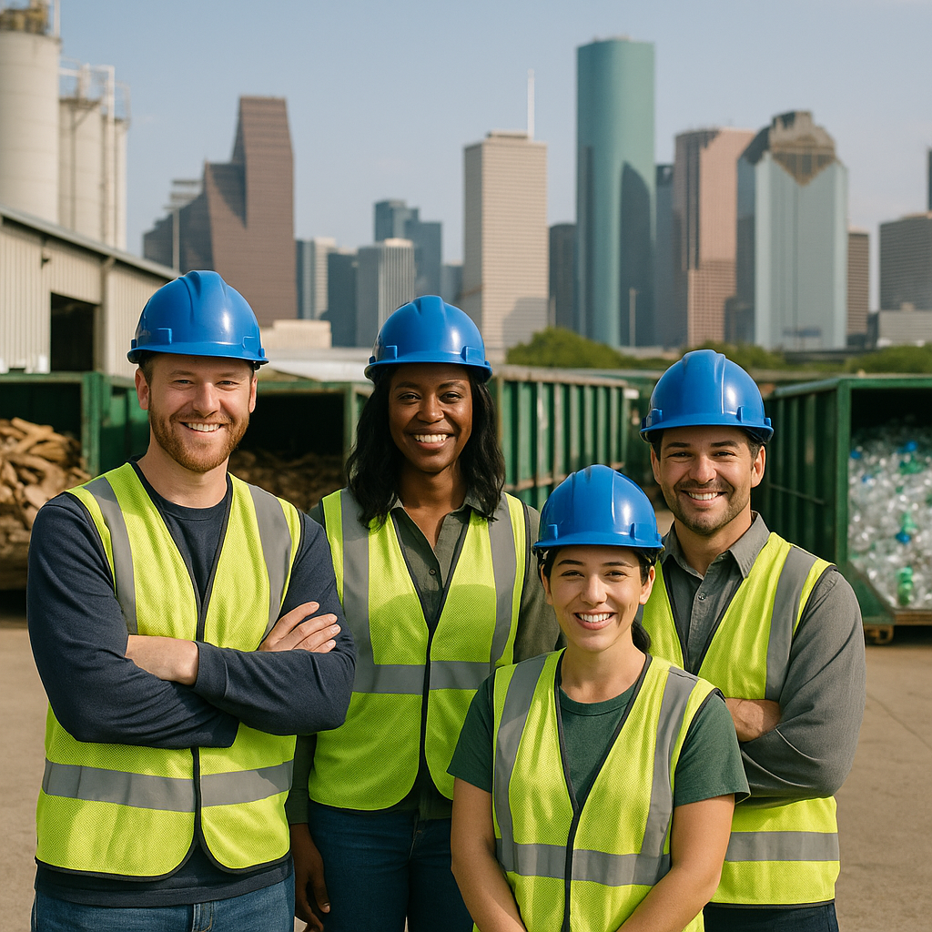 Industrial facility with recycling bins filled with sorted materials and a satisfied team standing together, Houston skyline in background.