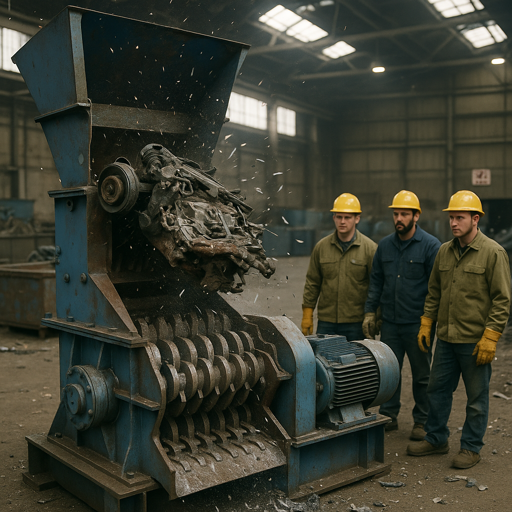 Industrial metal shredder machine tearing apart old car parts in a spacious recycling facility with workers in safety gear nearby, flying metal fragments captured mid-action.