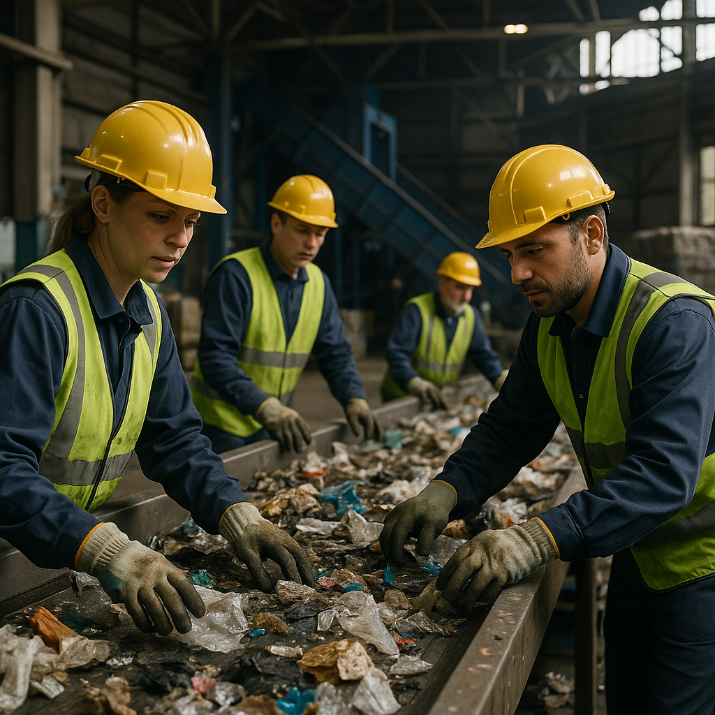 Sorting Industrial Waste in a Recycling Facility Workers in safety gear sorting mixed industrial waste on a large conveyor belt in a recycling facility
