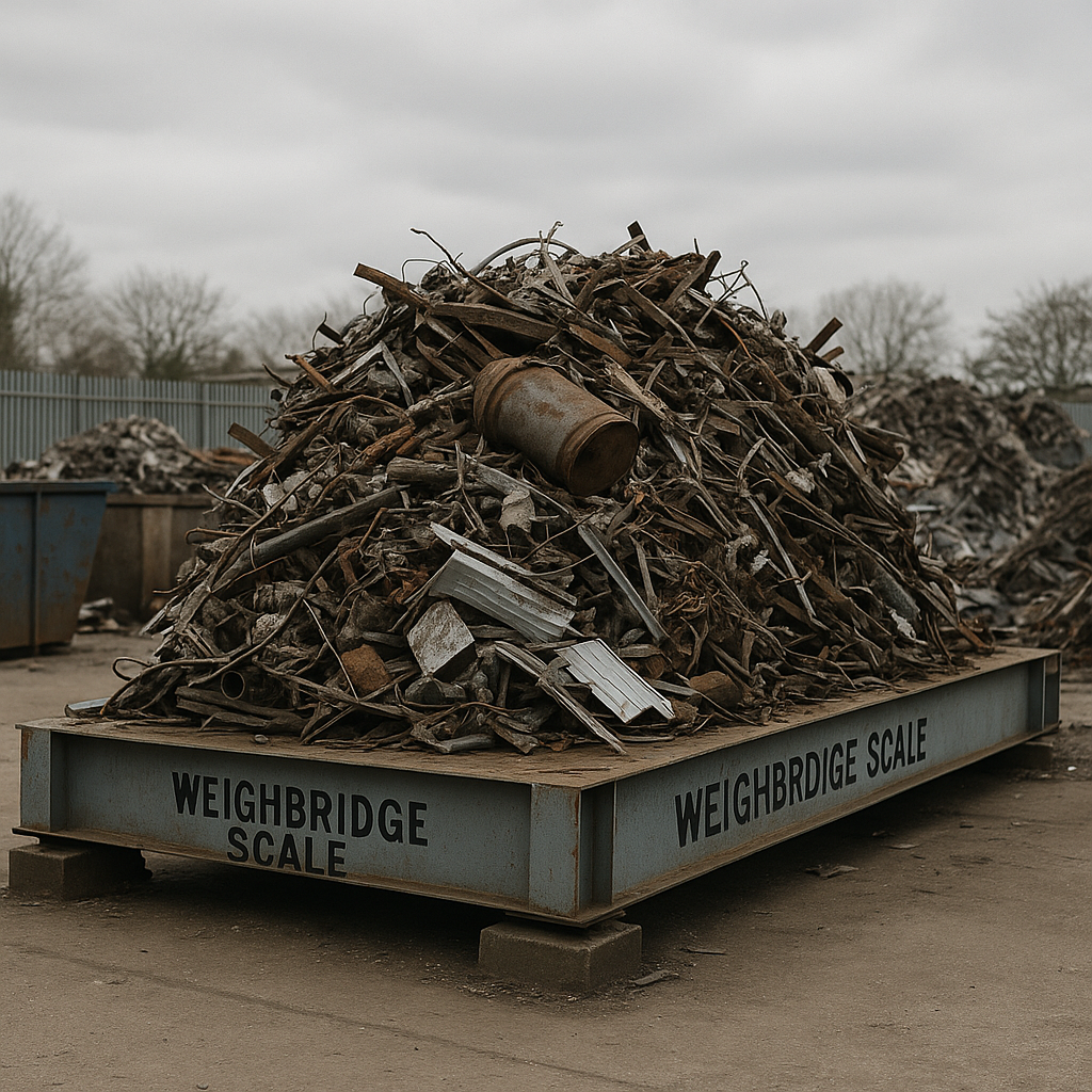 Industrial Weighbridge Scale with Scrap Metal Large industrial weighbridge scale loaded with scrap metal in a recycling yard under an overcast sky