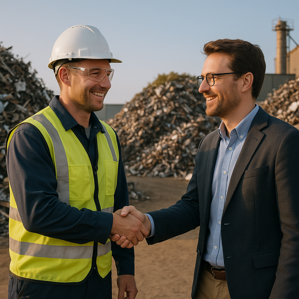 Industrial facility worker shaking hands with recycling company representative beside piles of sorted scrap metal, both smiling under a clear sky.