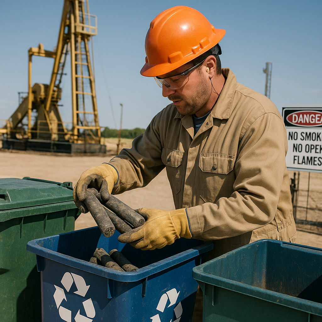 Industrial worker in protective gear placing used drilling materials into recycling bins at a well site with machinery and safety signs visible under a clear blue sky.