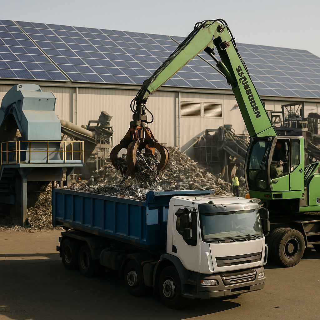 An innovative recycling facility featuring advanced machinery, solar panels, and trucks loading metal, symbolizing progress and sustainability.