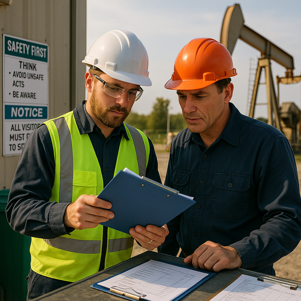 Inspector checking compliance documents with factory manager at an oil drilling site, with official safety posters, waste containers, and checklist visible.