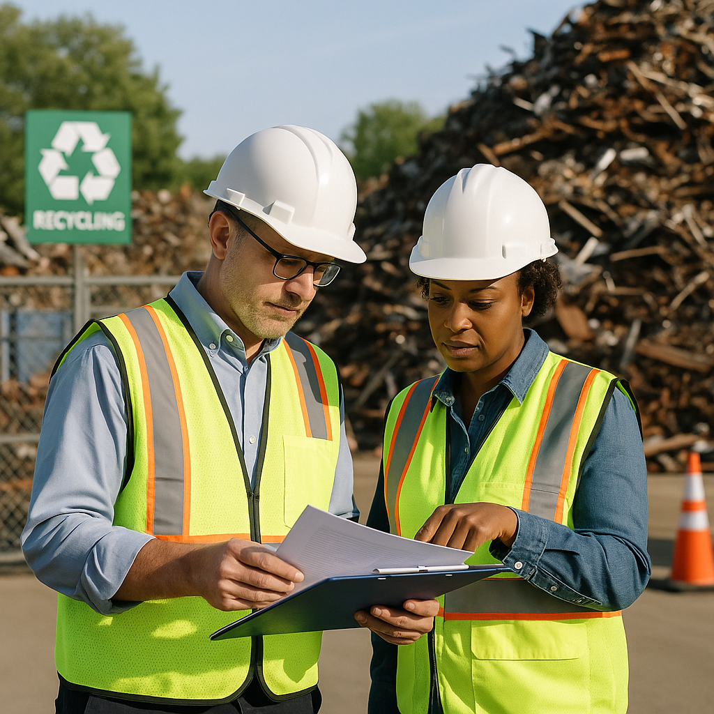 Inspectors Reviewing Documents in Scrap Metal Yard Inspectors in safety vests reviewing documents near a scrap metal yard with recycling signs, in a clean and organized site under bright daylight.