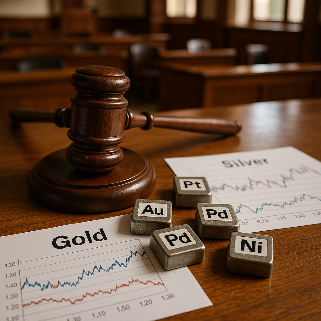 Judge's gavel beside labeled metal samples and market price charts on a courtroom table.