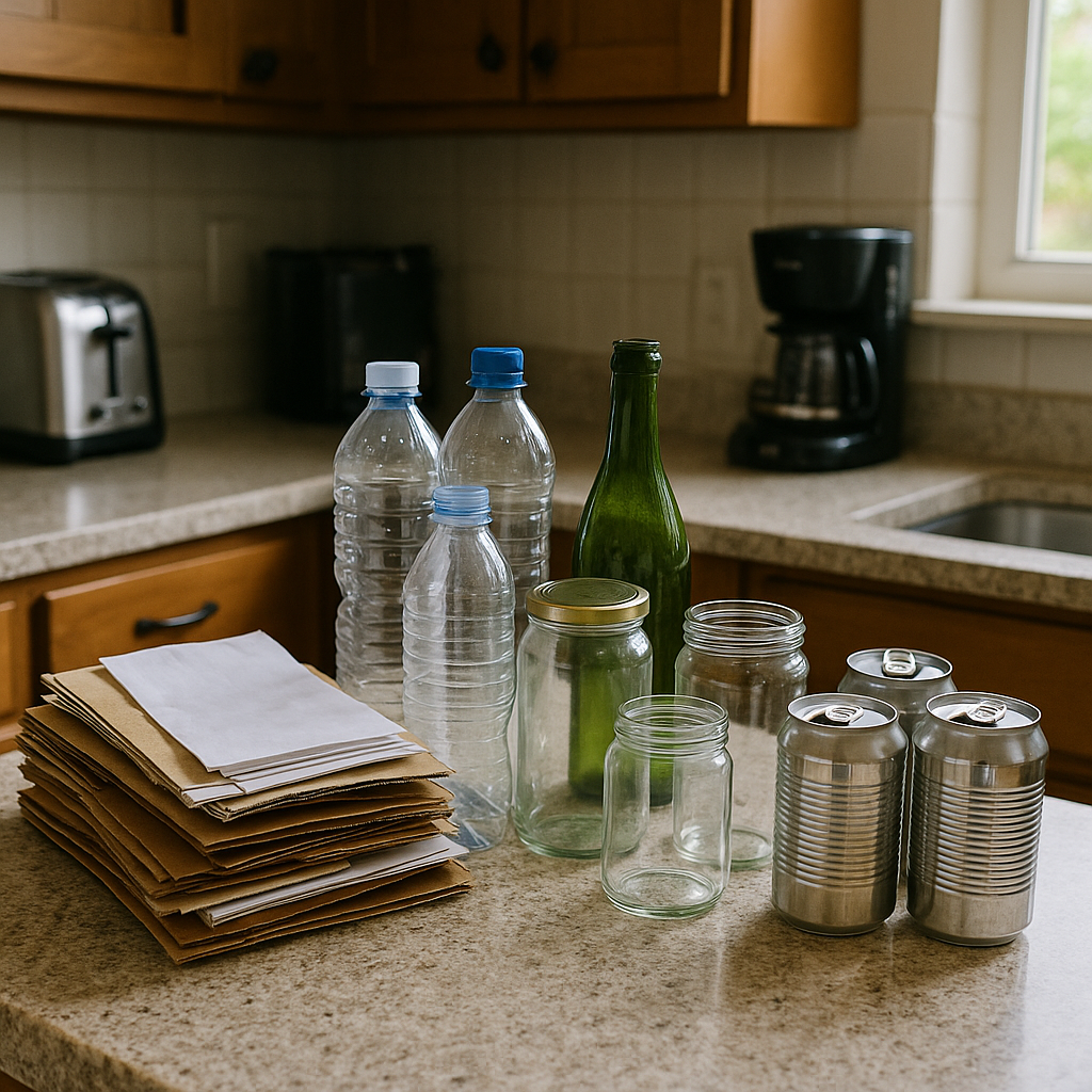 Neatly Sorted Kitchen Recycling Station Kitchen countertop with sorted recyclable materials including paper, plastic bottles, glass jars, and aluminum cans under natural indoor lighting.