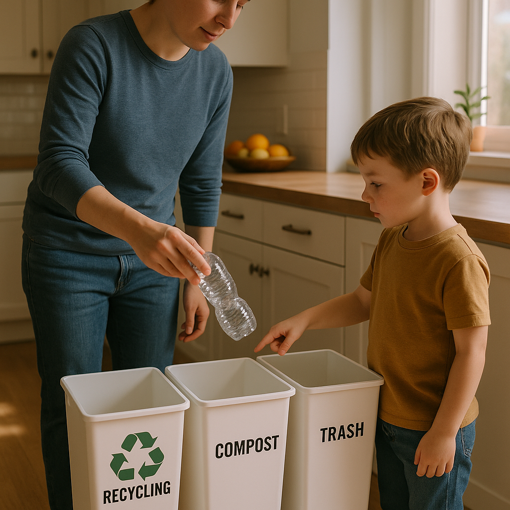 A kitchen with clearly labeled recycling, compost, and trash bins, showing a person teaching a child proper sorting.