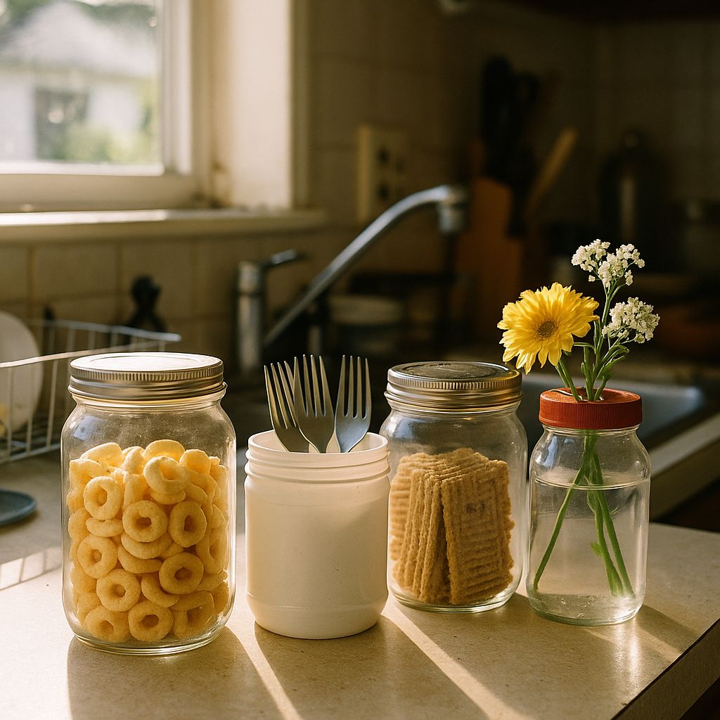 Kitchen Counter with Repurposed Storage A kitchen counter featuring glass jars and plastic containers repurposed for storing snacks and utensils, with some used as flower vases. Sunlight streams through the window.