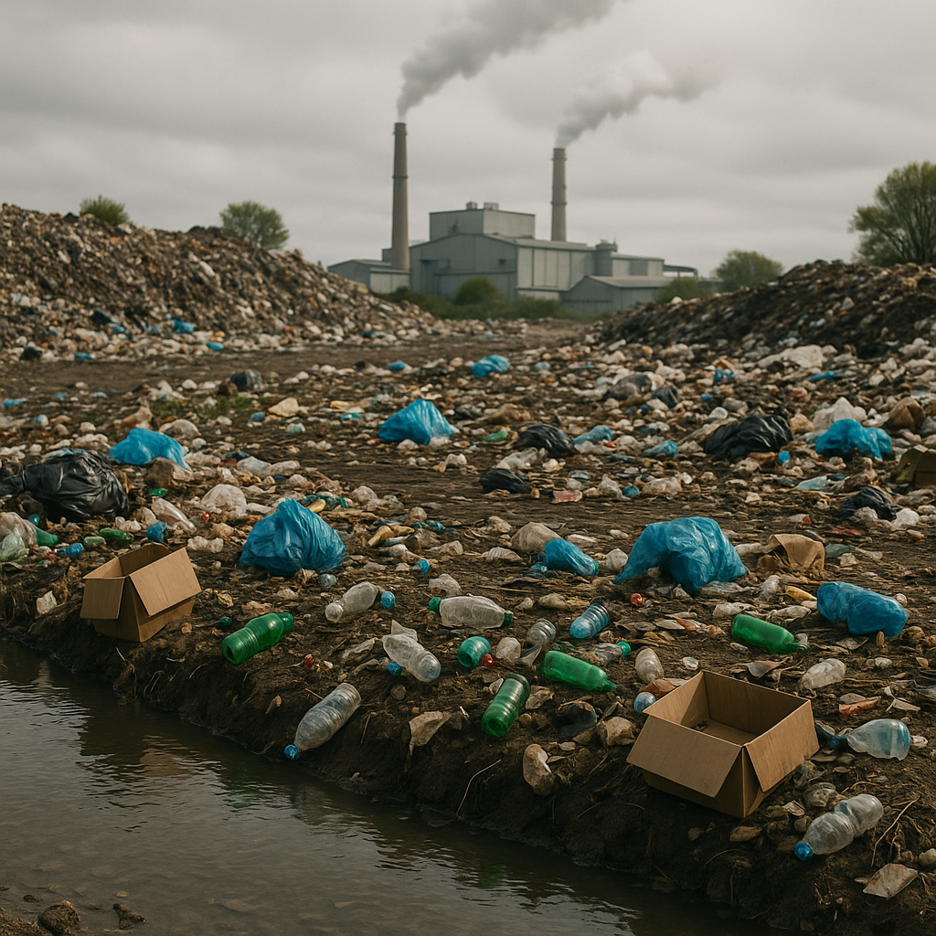 Environmental Impact: Landfill and Recycling Plant Landfill area with scattered recyclable materials near a recycling plant with smoke stacks and a polluted river under an overcast sky.