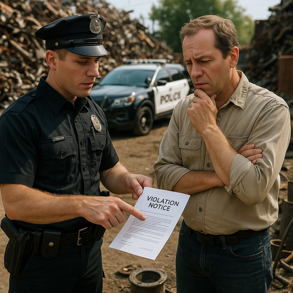 Law enforcement officer shows a violation notice to a scrap yard manager beside metal piles, with an official vehicle in the background.