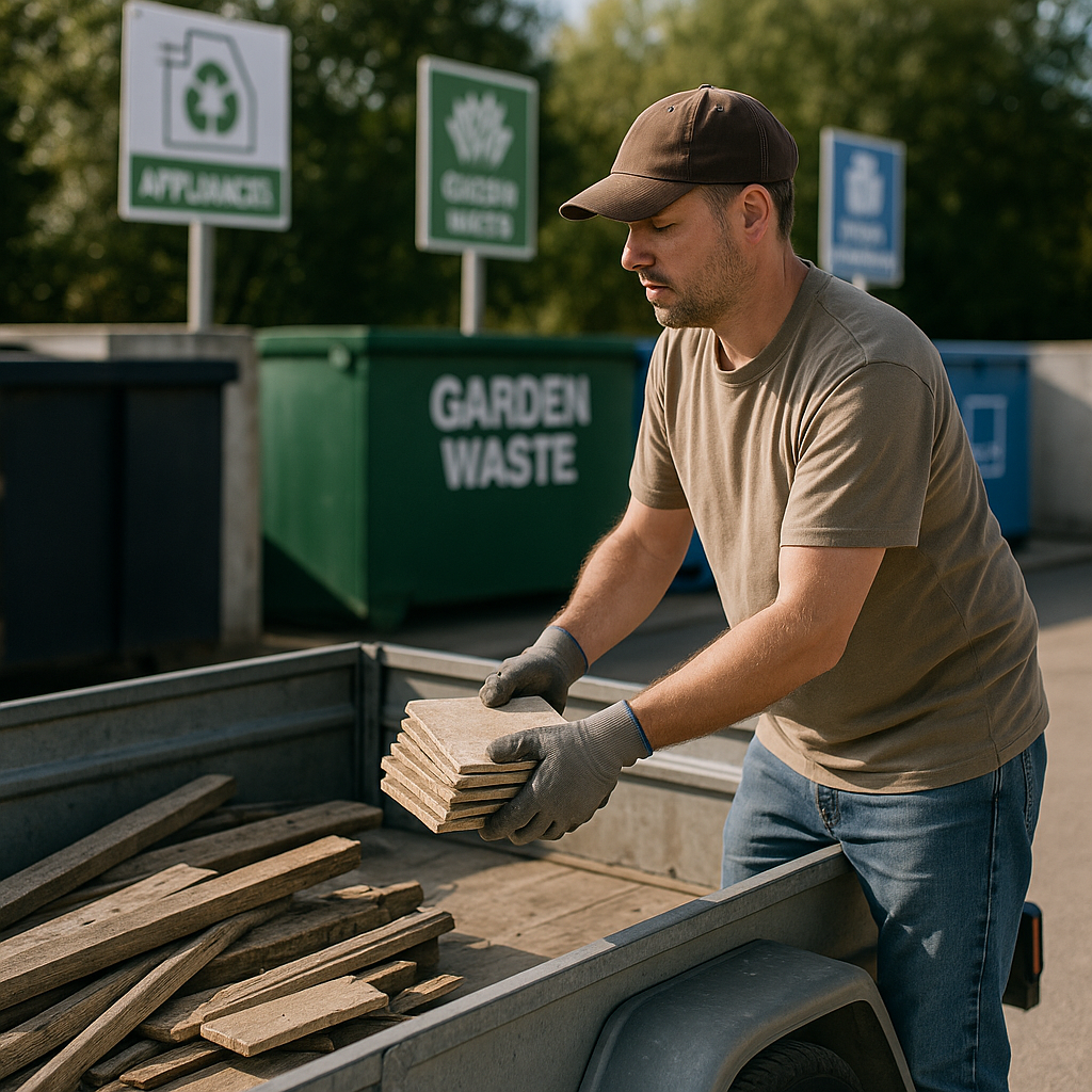 Local resident unloading old tiles and lumber at a clean municipal recycling center during daylight.