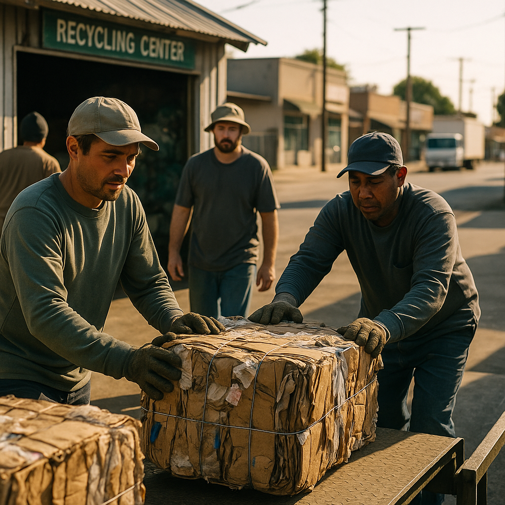 Local workers transporting bales of recyclables outside a small recycling center with delivery trucks and small businesses in the background.