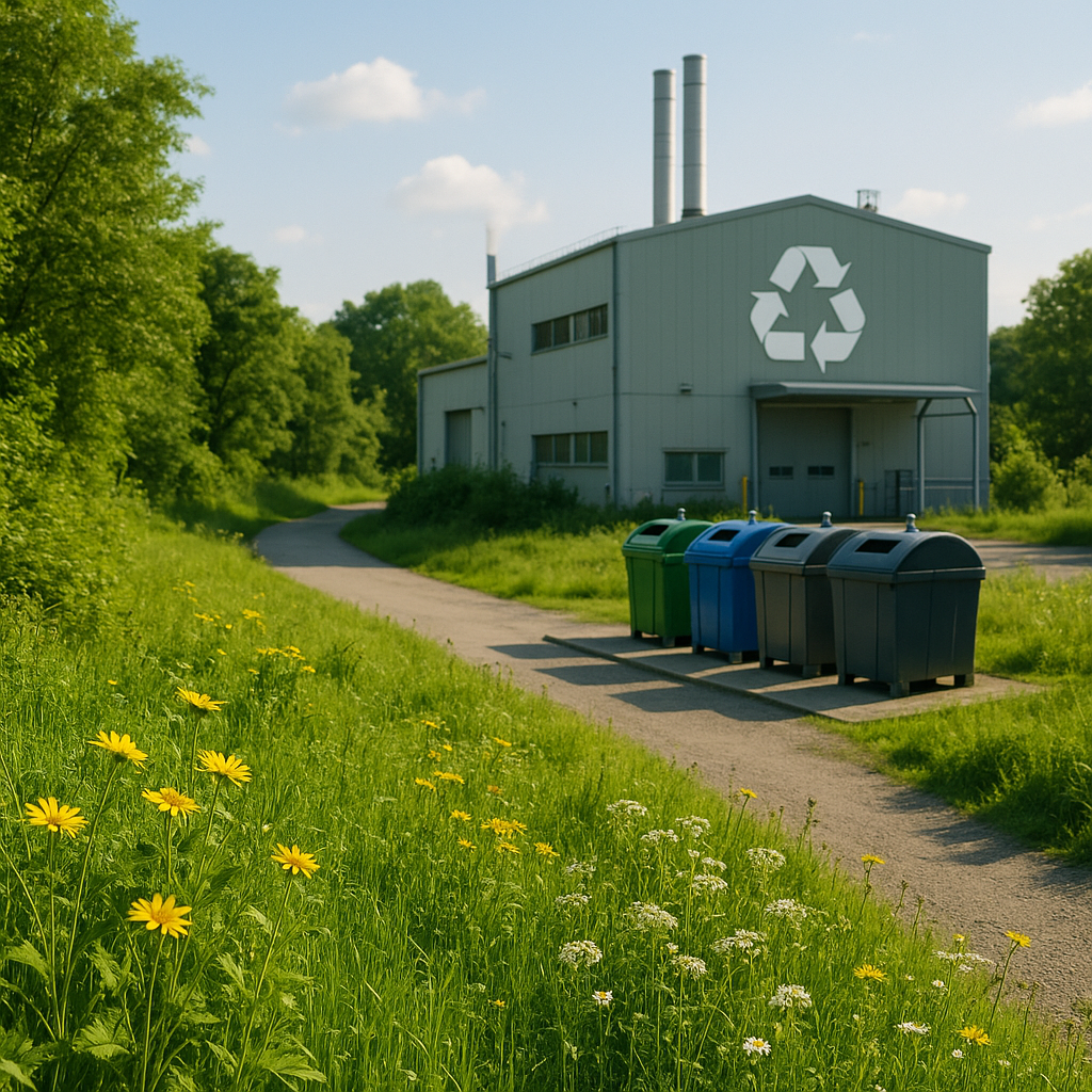 Lush green landscape beside a clean recycling plant with reduced landfill waste and clear skies.