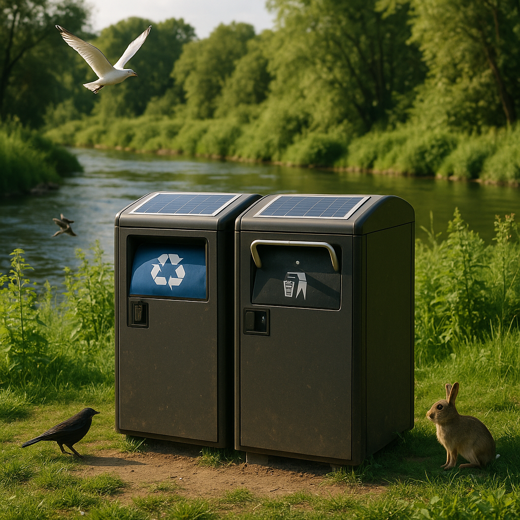 Lush Green Landscape with River and Recycling Bins Lush green landscape beside a clean river with solar-powered recycling bins and thriving wildlife.