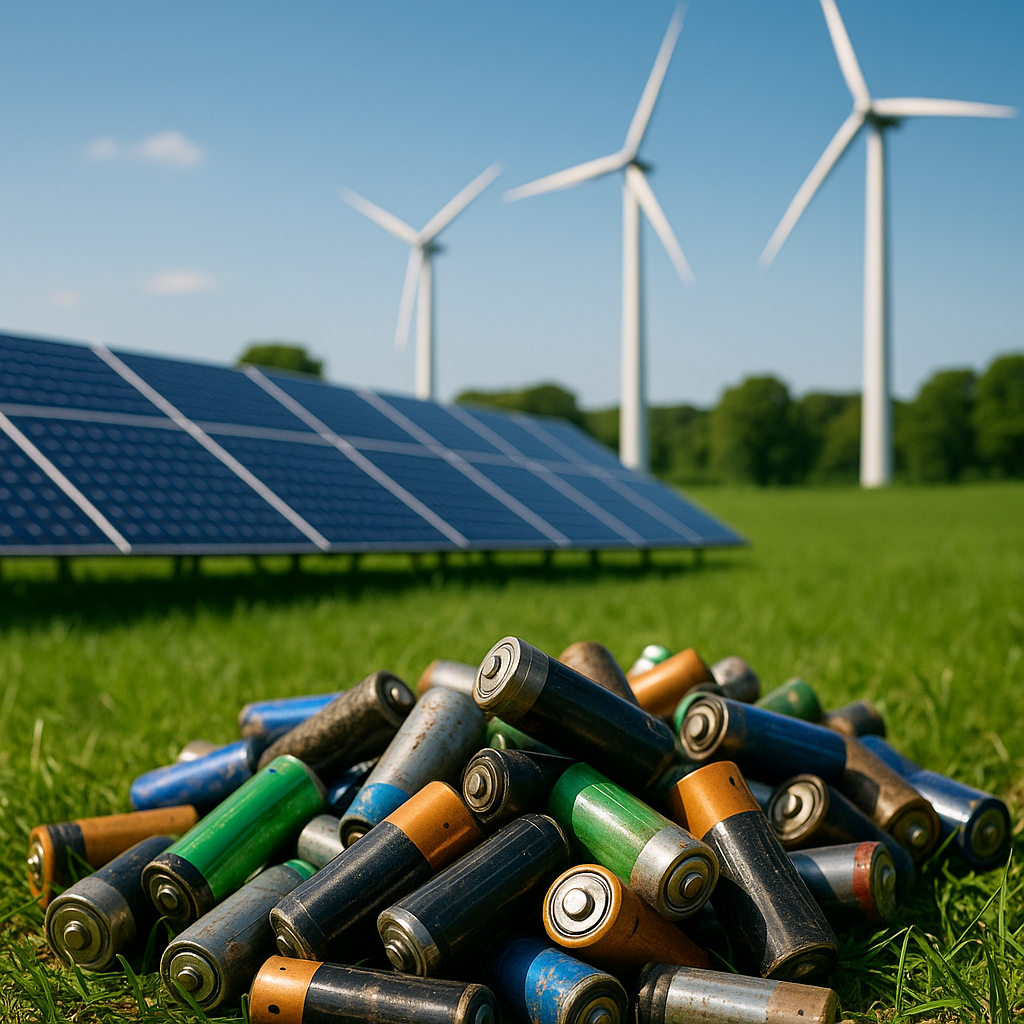 Sustainable Energy Landscape Lush green landscape featuring solar panels and wind turbines with piles of reclaimed batteries in the foreground under a clear sky, symbolizing a clean environment.