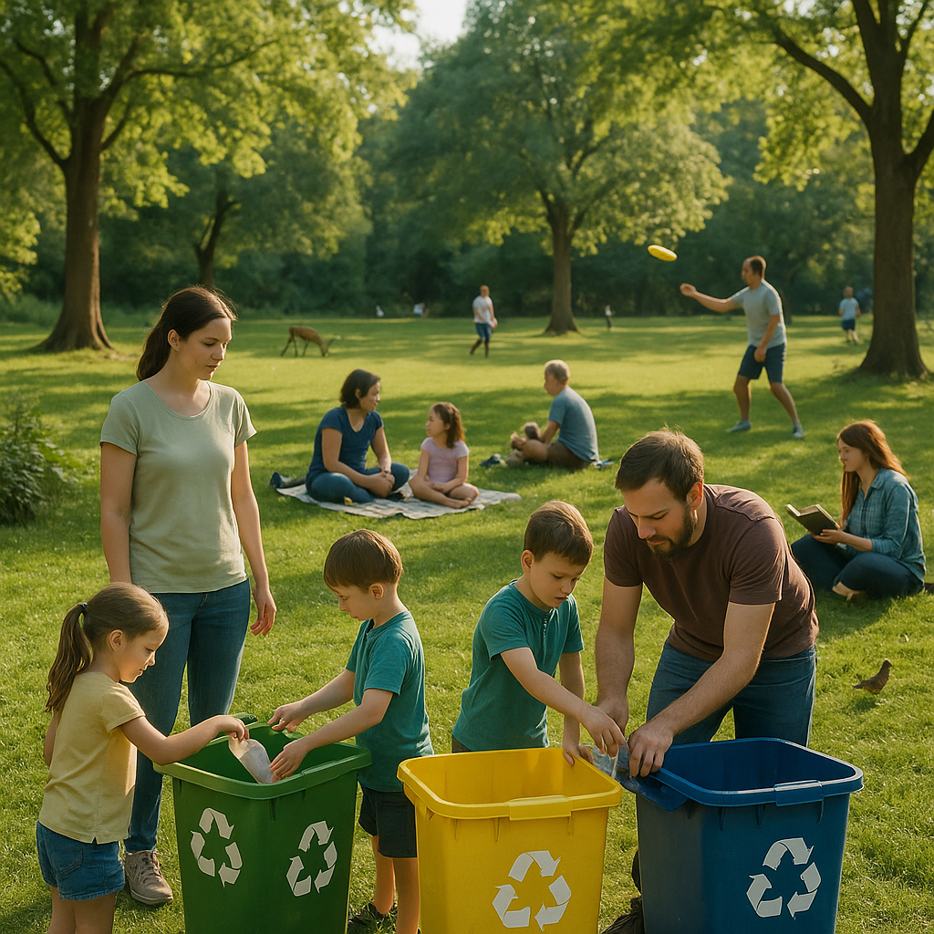 Lush green park with families enjoying nature and wildlife, featuring recycling bins in the foreground.