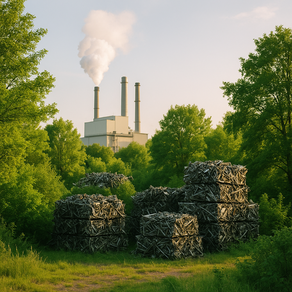 Lush green landscape featuring a factory emitting clean vapor, piles of recycled steel, and healthy trees under a clear sky.