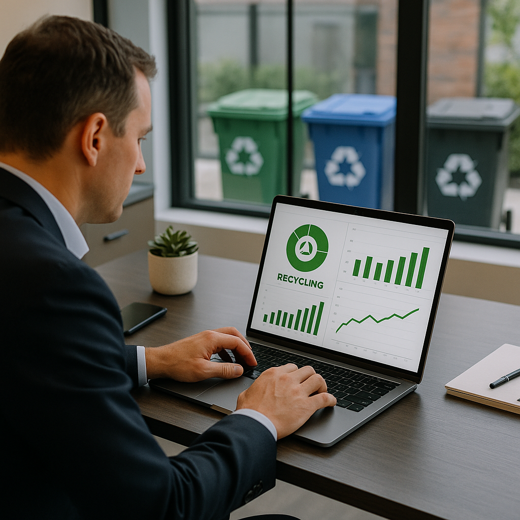 Manager Analyzing Recycling Data Manager analyzing recycling data on laptop with charts; bins visible in office background; focused and modern workspace