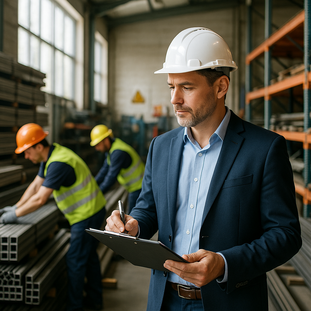 Manager reviewing metal inventory with clipboard while workers sort metals in a well-organized warehouse with sunlight streaming through windows.