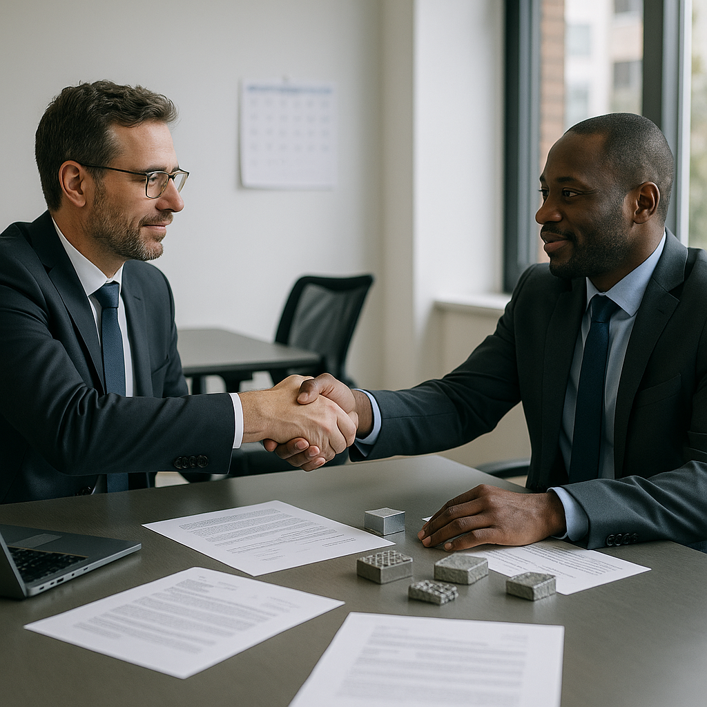 Two managers negotiating across a conference table with documents and scrap metal samples, sealing their agreement with a handshake.