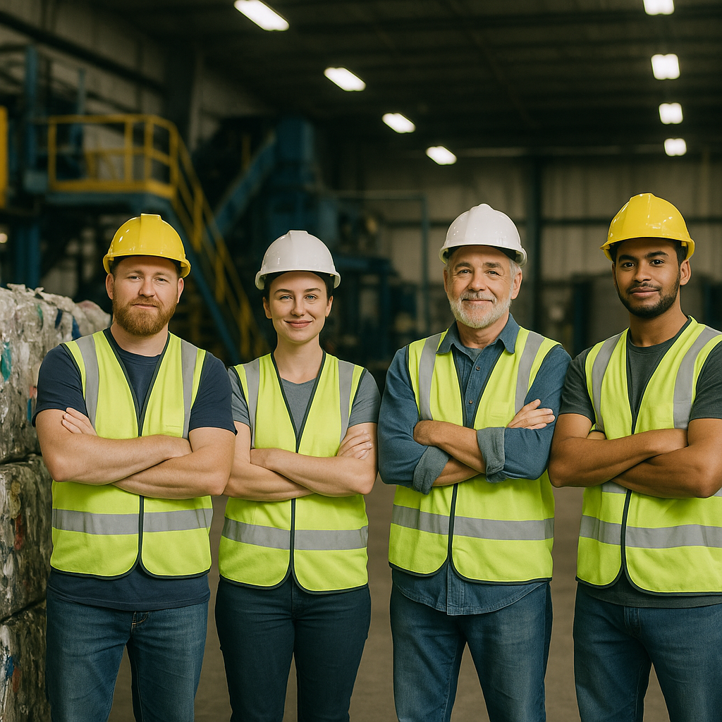Manufacturing team standing together proudly beside bales of sorted recyclables with a bright warehouse background.
