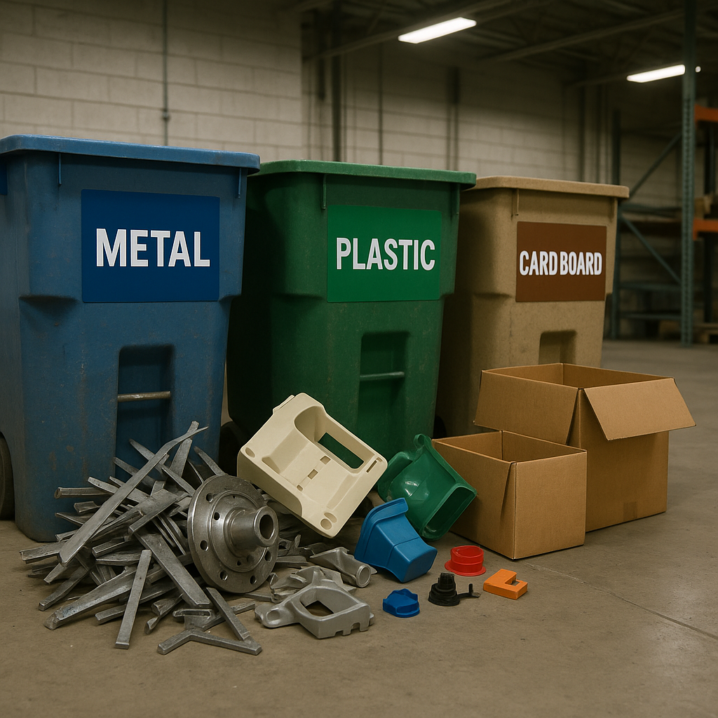 A variety of manufacturing waste items including metal scraps, plastic pieces, and cardboard boxes arranged near recycling bins in a warehouse setting.